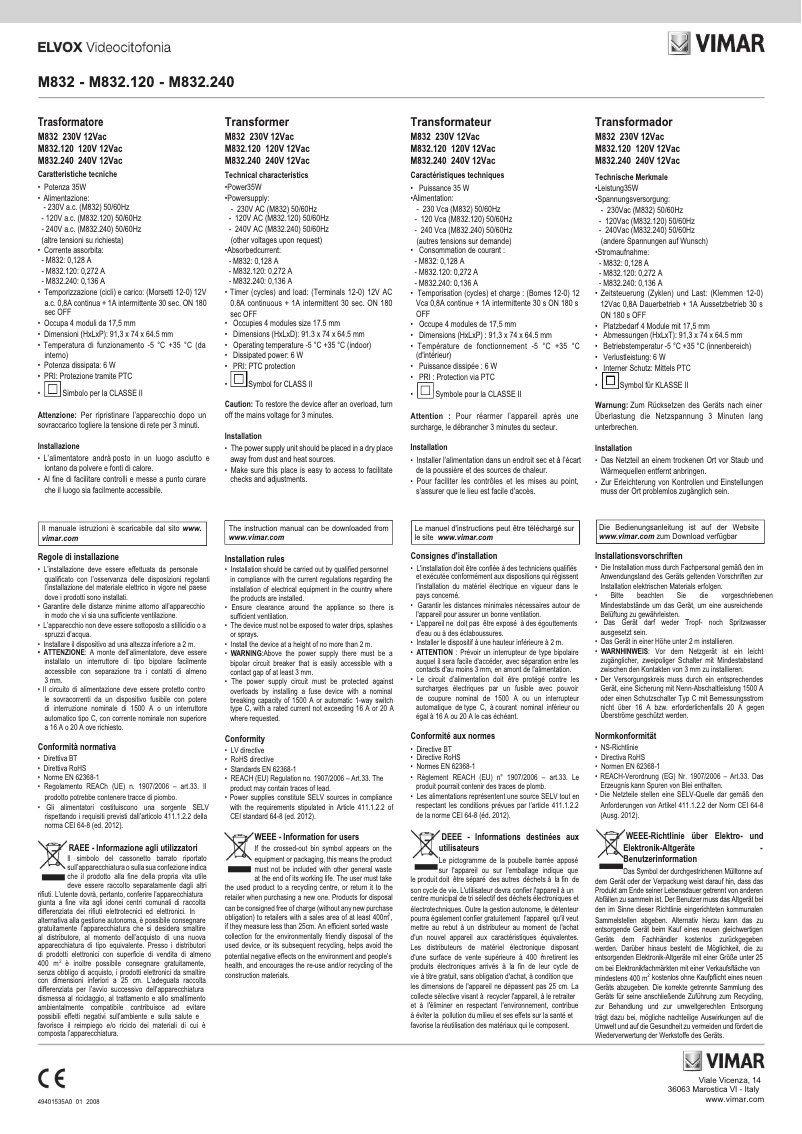 Image de la première page du manuel de l'appareil ELVOX 885A