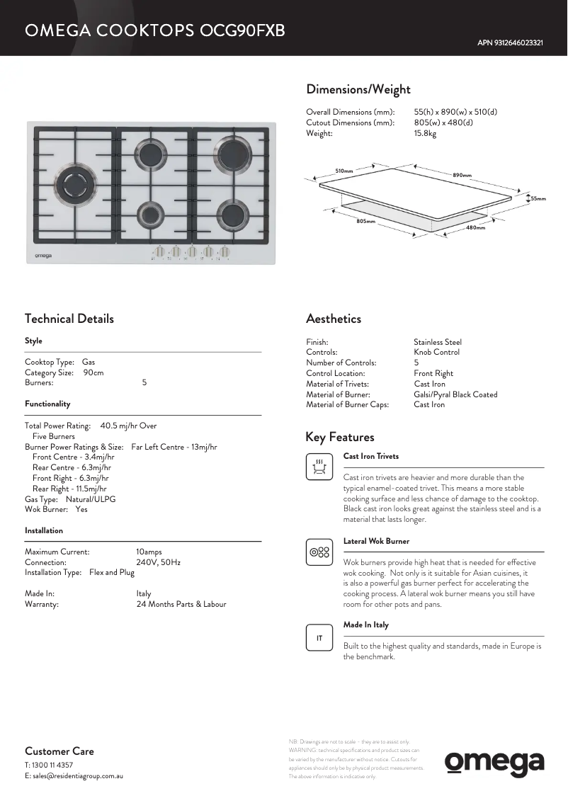 Page n°1 - Fiche technique Omega OCG90FXB