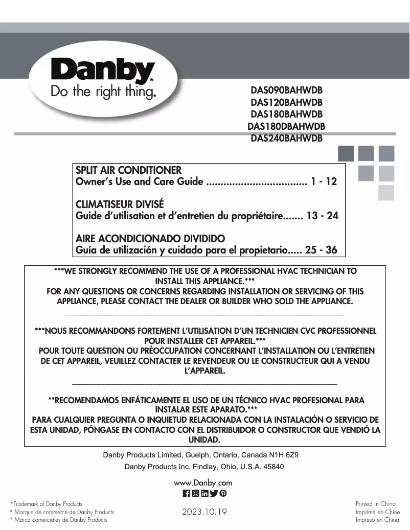 Página 1 del manual Manual de usuario Danby DAS090BAHWDB