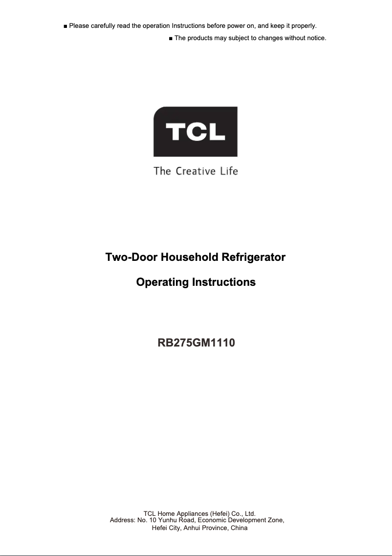 Page 1 of the manual User Manual TCL RB275GM1110
