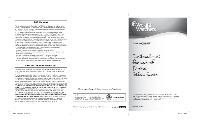 Page 1 de la notice Manuel utilisateur Conair Weight Watchers WW27