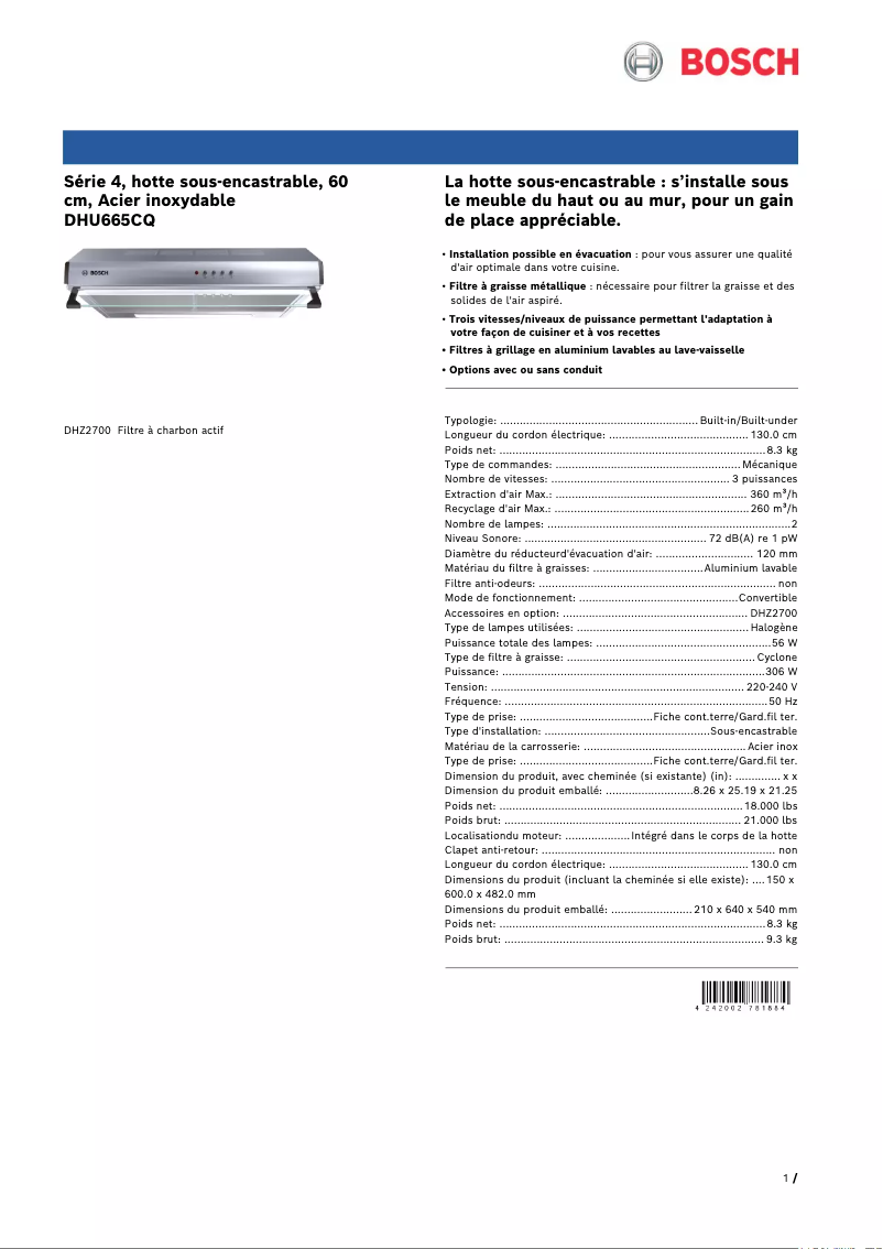 Page 1 of the manual Technical Sheet Bosch DHU665CQ