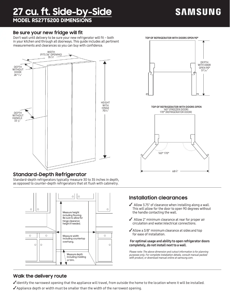 Page 1 de la notice Guide de mesure Samsung RS27T5200WW