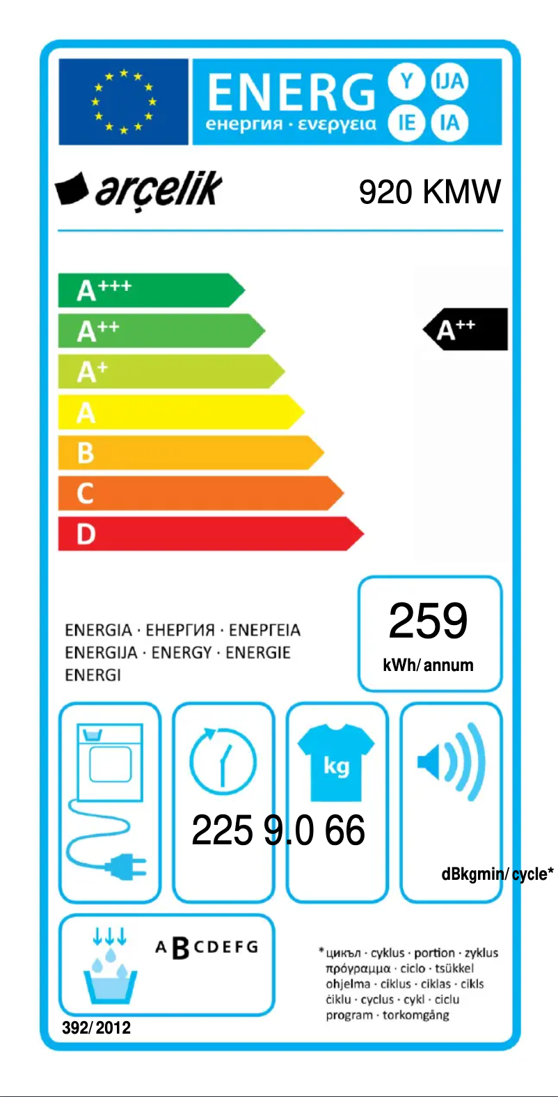 Page 1 de la notice Label énergétique Arçelik 920 KMW