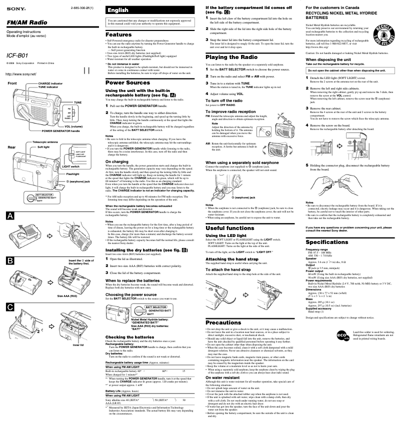Image de la première page du manuel de l'appareil ICF-B01