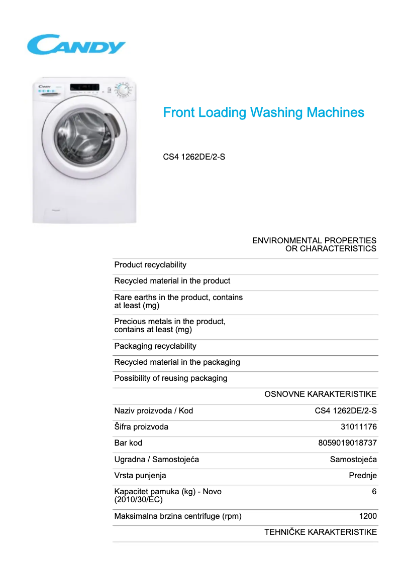 Page 1 de la notice Fiche technique Candy CS4 1262DE/2-S