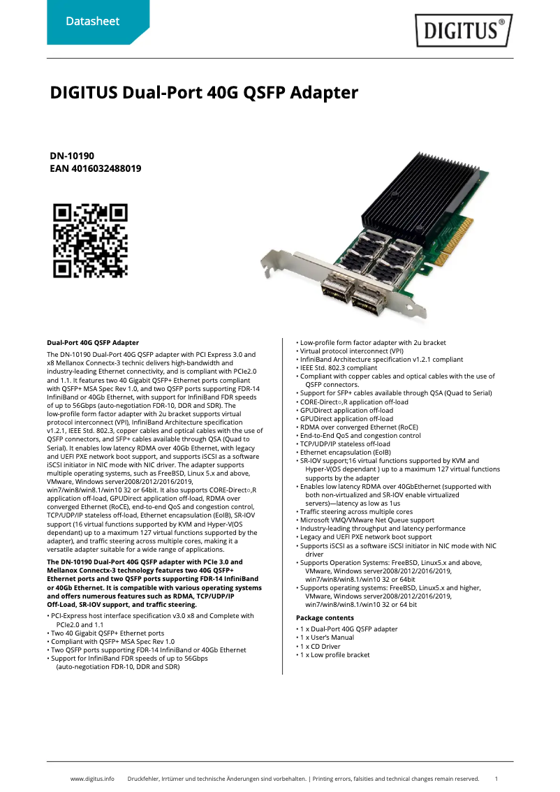Page 1 de la notice Fiche technique Digitus DN-10190