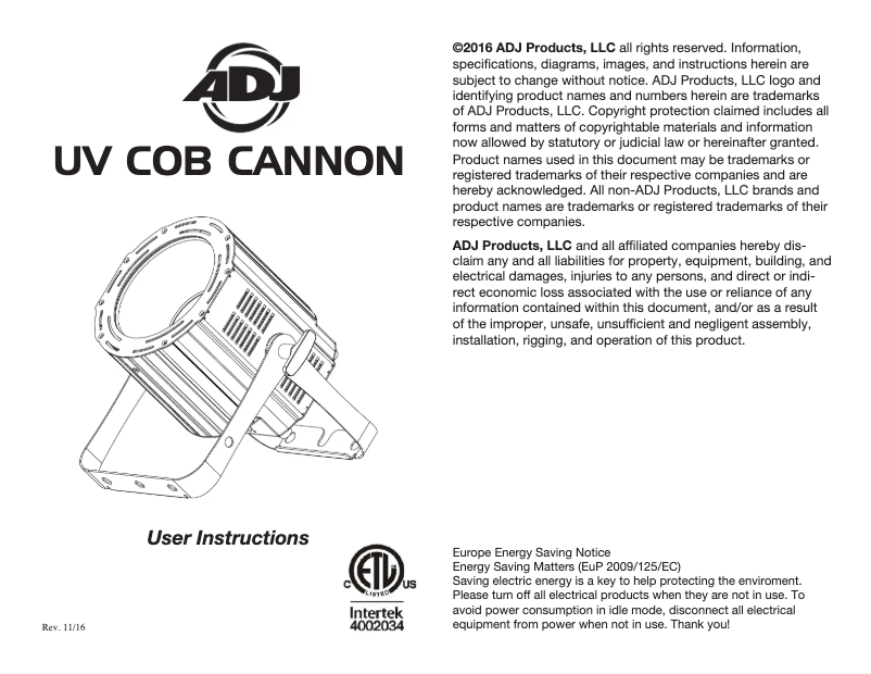 Image de la première page du manuel de l'appareil UV COB Cannon