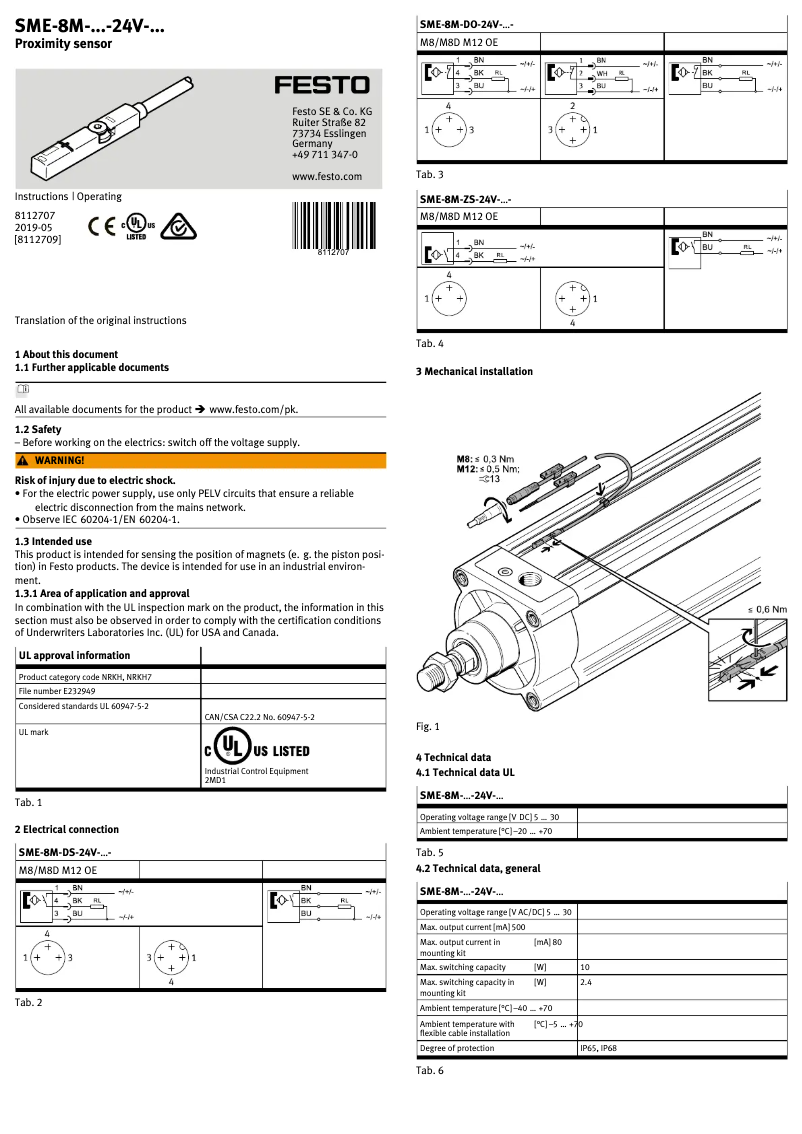 Page 1 de la notice Manuel utilisateur Festo SME-8M-DO-24V-K-7,5-OE