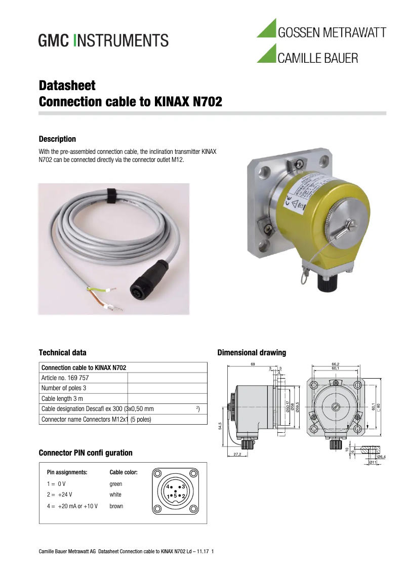 Page 1 de la notice Fiche technique Camille Bauer KINAX N702