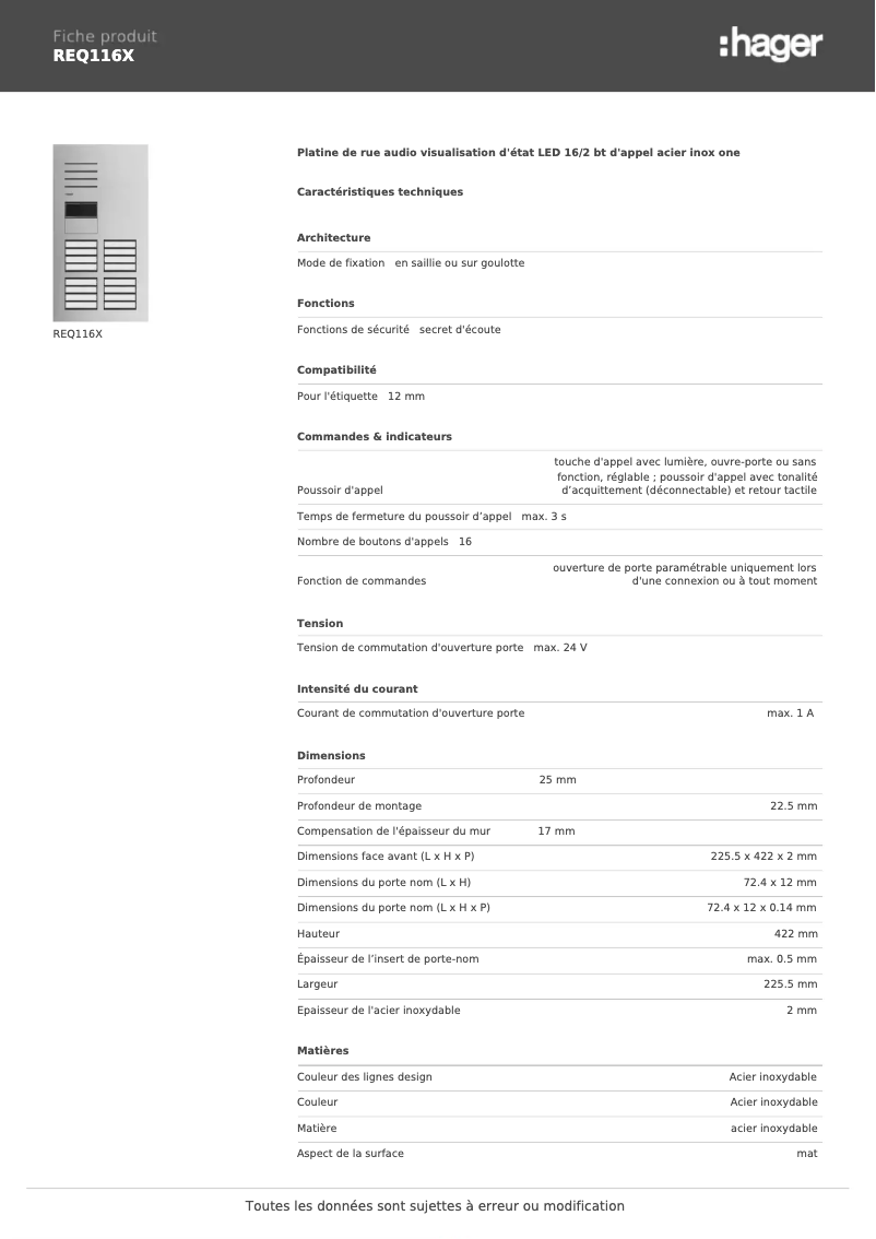Page n°1 - Fiche technique Hager REQ116X