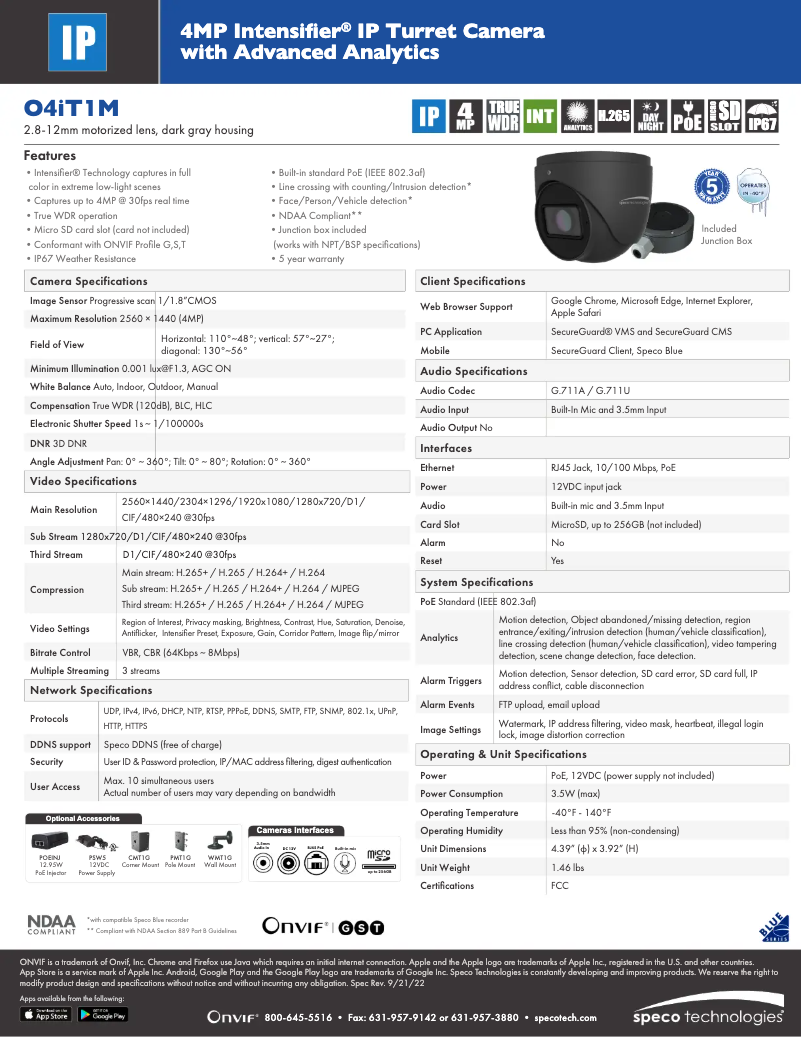 Page 1 de la notice Fiche technique Speco Technologies O4IT1M