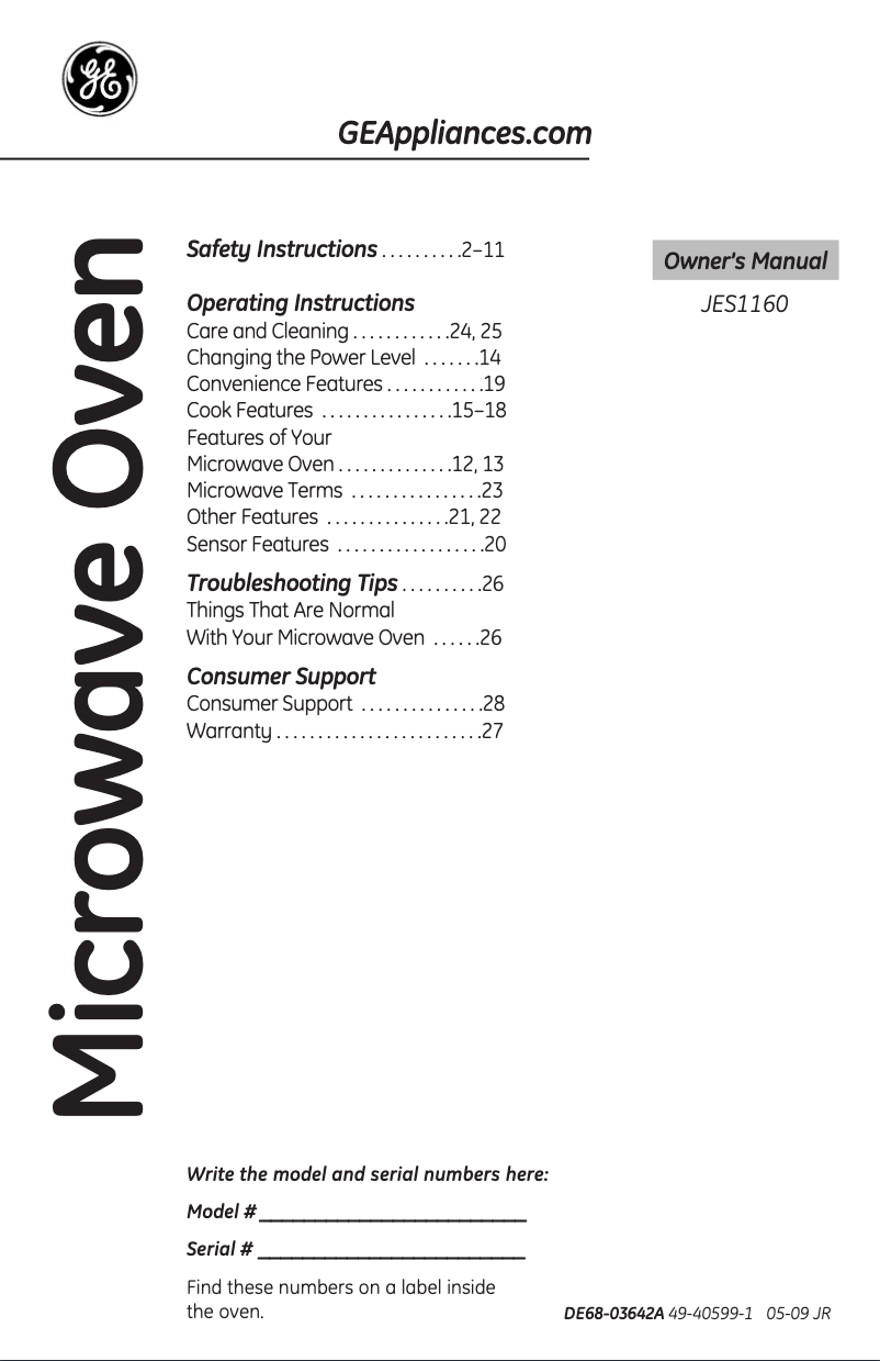 Page n°1 - Manuel utilisateur GE JES1160DPWW