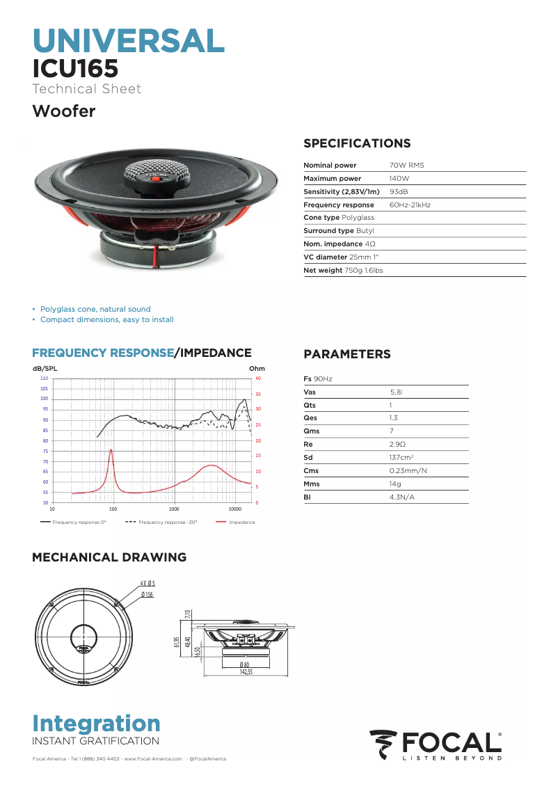 Page 1 de la notice Fiche technique Focal ICU 165
