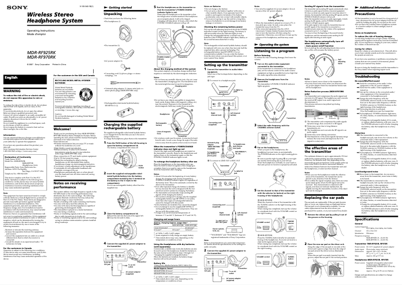 Página 1 del manual Manual de usuario Sony MDR-RF970RK