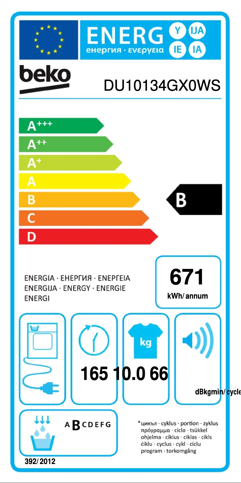Page 1 de la notice Label énergétique Beko DU10134GX0WS