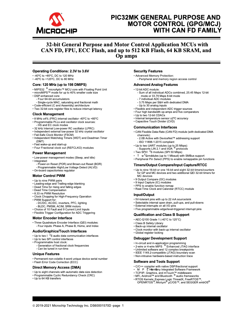 Page 1 de la notice Fiche technique Microchip PIC32MK0512GPG064