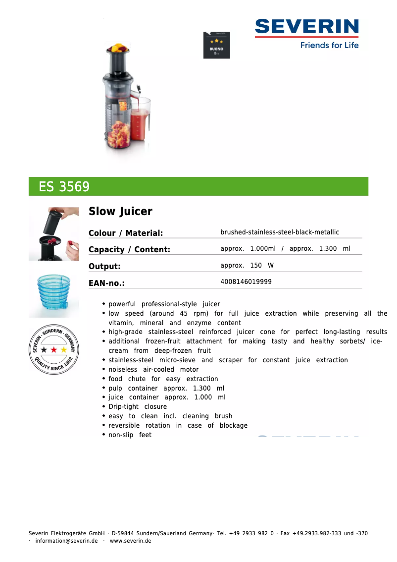 Page 1 of the manual Technical Sheet Severin ES 3569