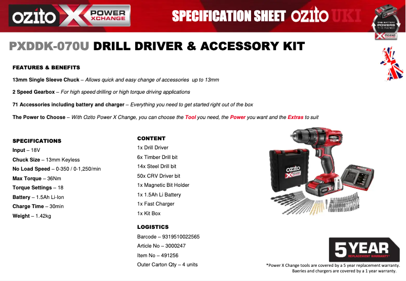 Page 1 de la notice Fiche technique Ozito PXDDK-070U
