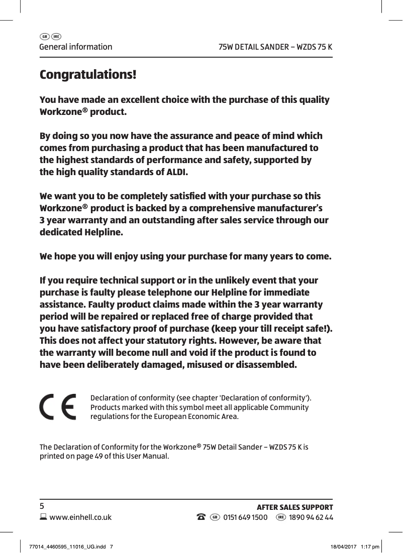 Page 1 de la notice Manuel utilisateur Workzone WZDS 75 K