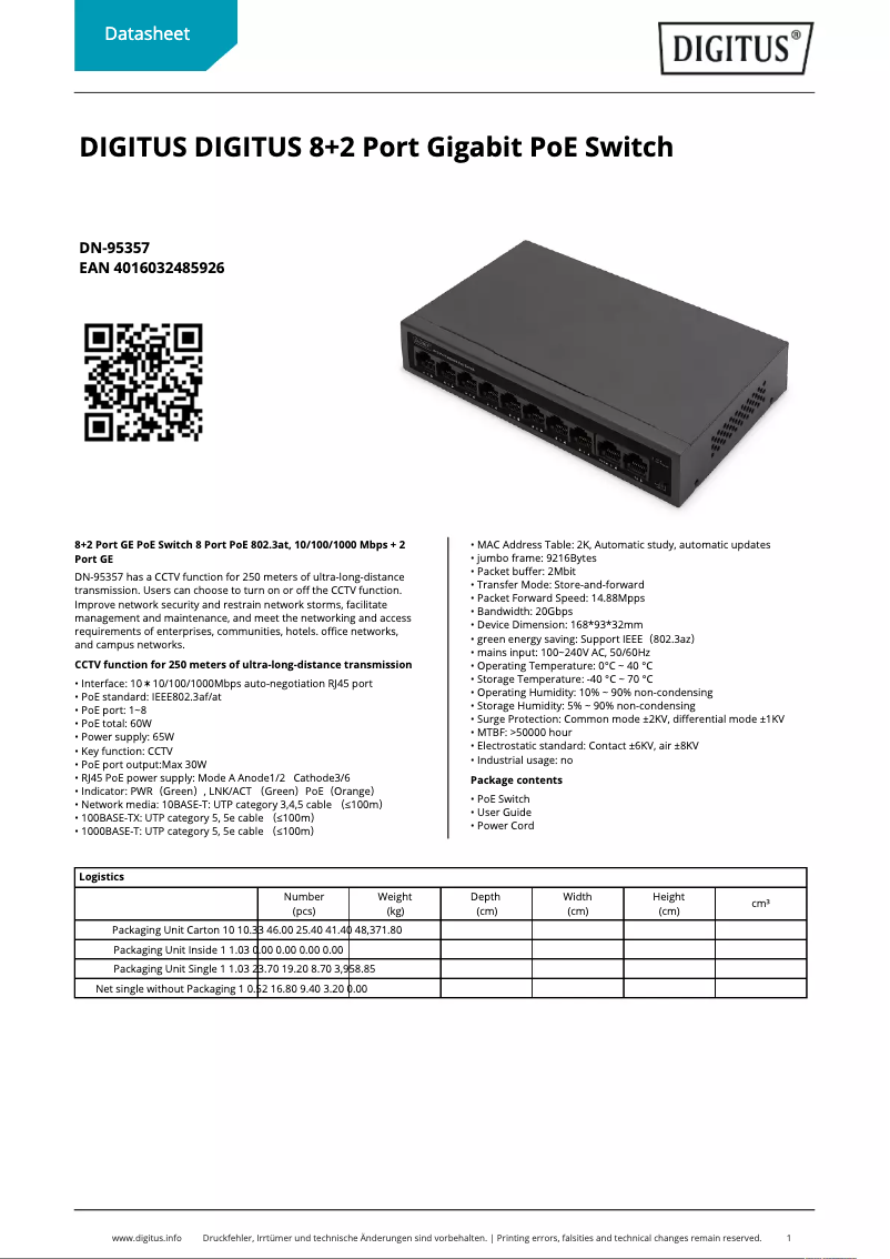 Page 1 de la notice Fiche technique Digitus DN-95357