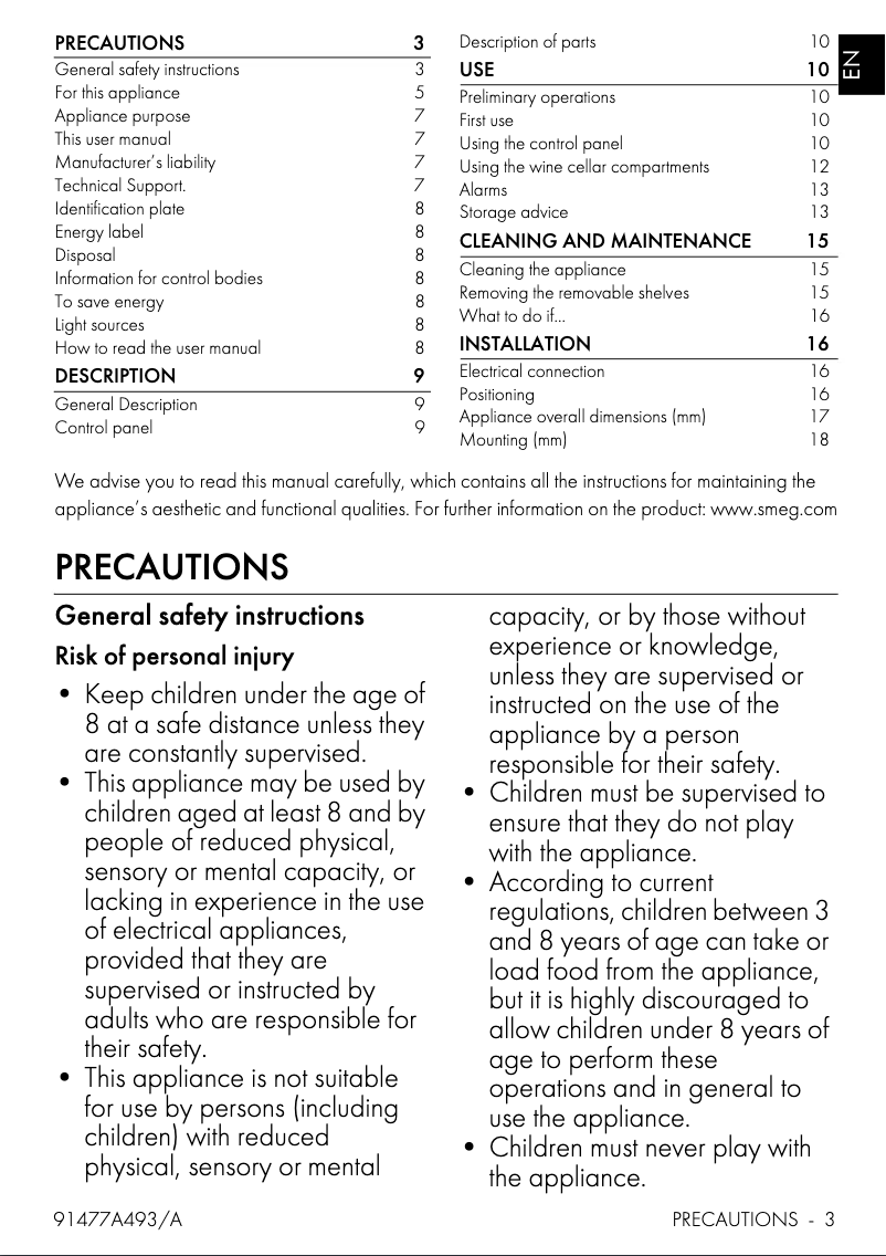 Page 1 de la notice Manuel utilisateur Smeg CVIA638RN3