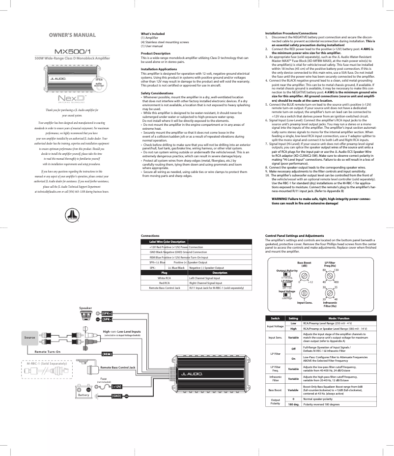 Page n°1 - Manuel utilisateur JL Audio MX500/1