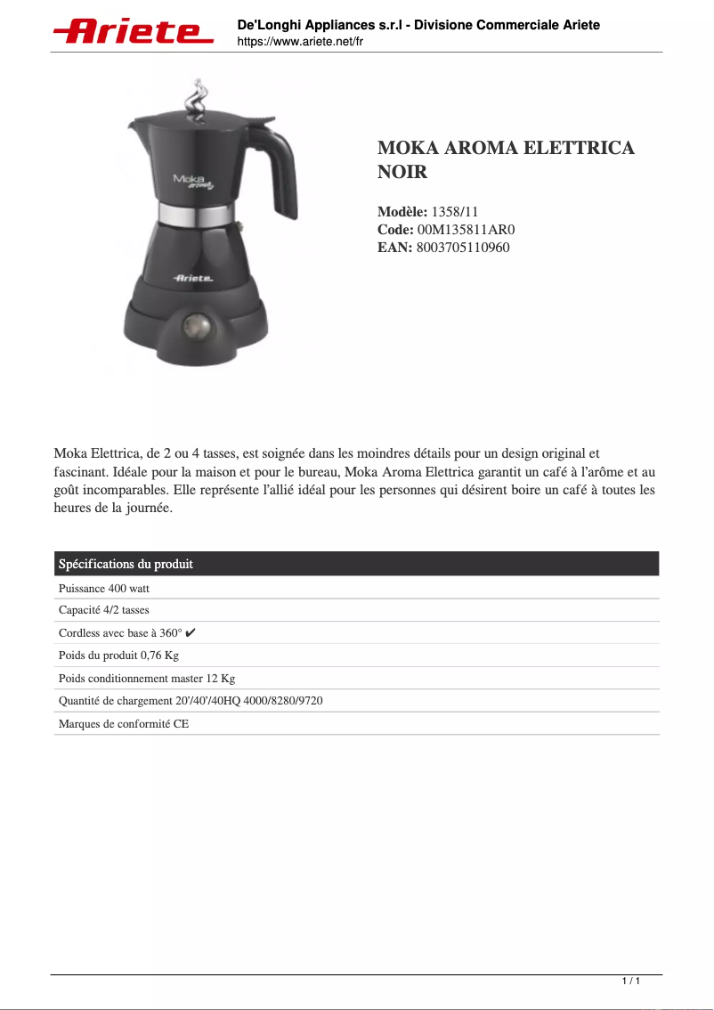 Image de la première page du manuel de l'appareil Moka Aroma Elettrica 1358