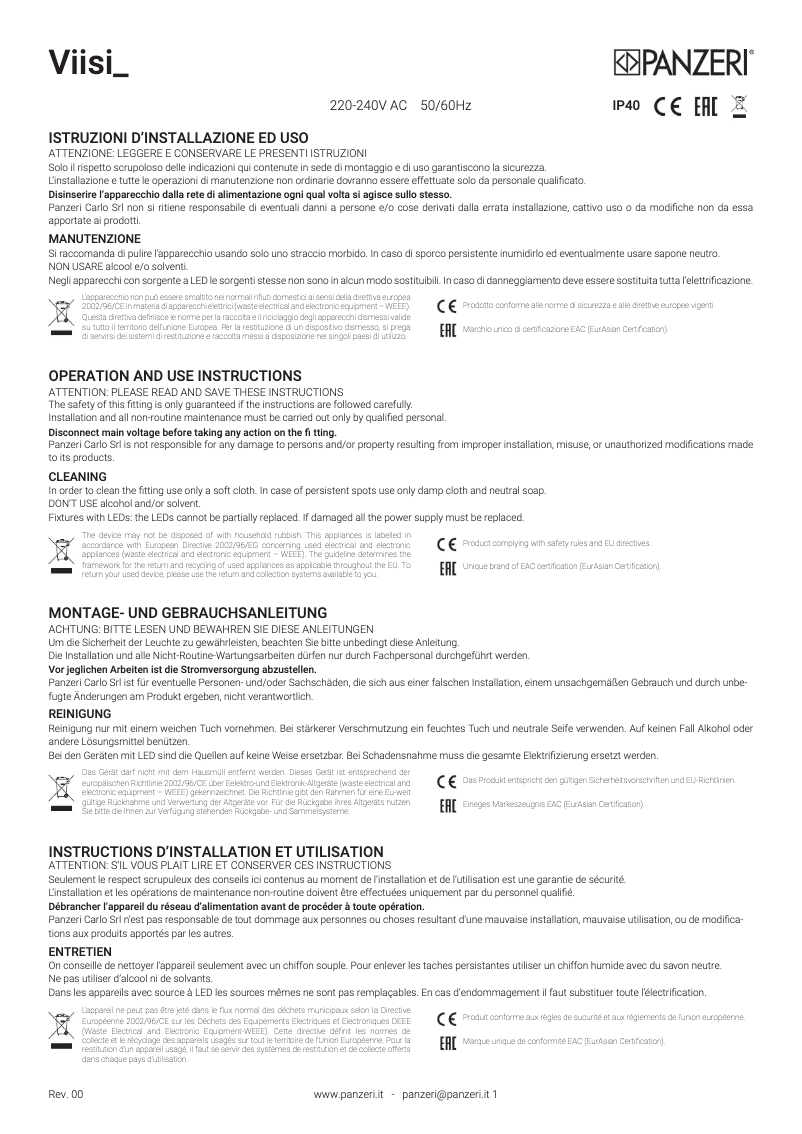 Page n°1 - Manuel utilisateur Panzeri Viisi