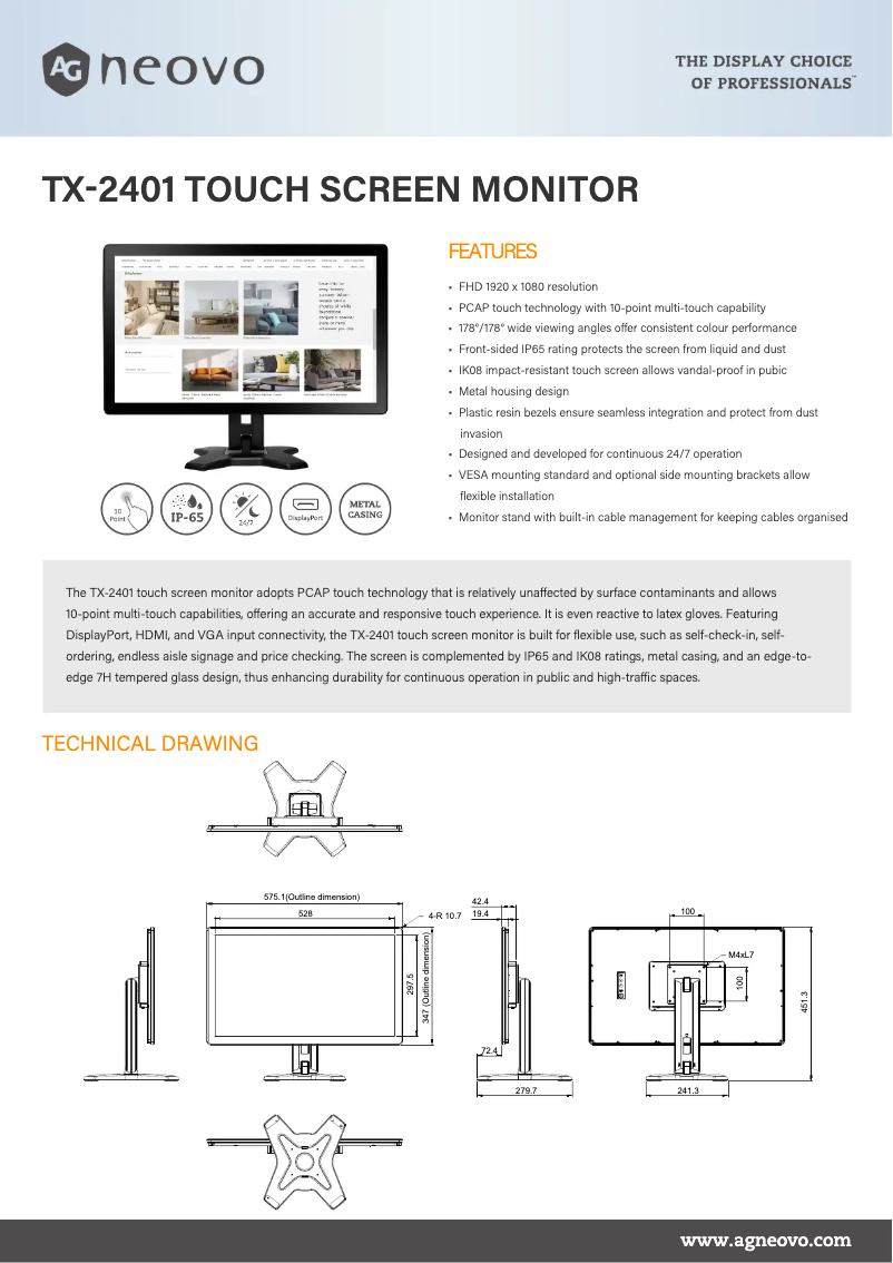 Page 1 de la notice Fiche technique AG Neovo TX-2401
