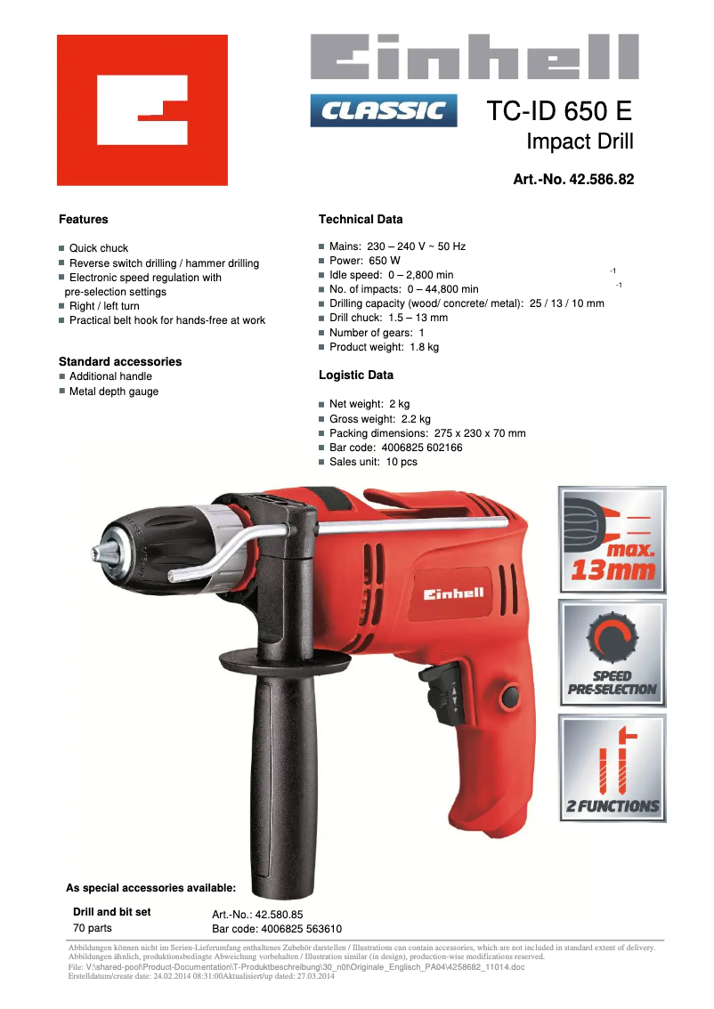 Page 1 de la notice Fiche technique Einhell TC-ID 650 E