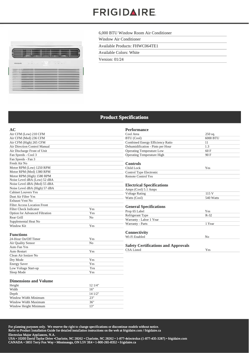 Page 1 de la notice Fiche technique Frigidaire FHWC064TE1
