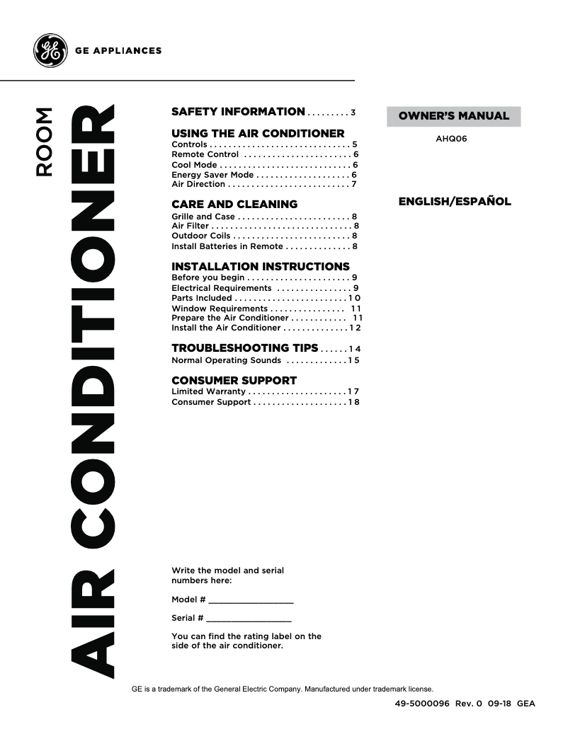 Page n°1 - Manuel d'utilisation et d'entretien GE AHQ06LYC