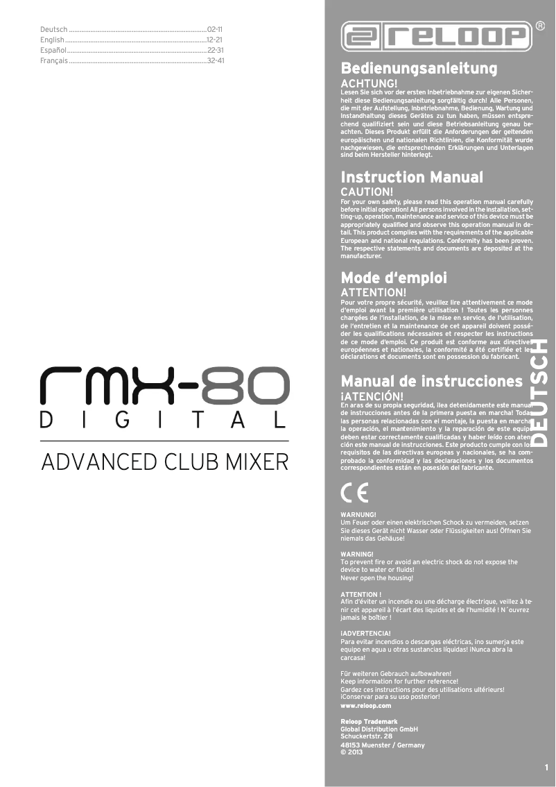 Page 1 de la notice Manuel utilisateur Reloop RMX-80 DIGITAL