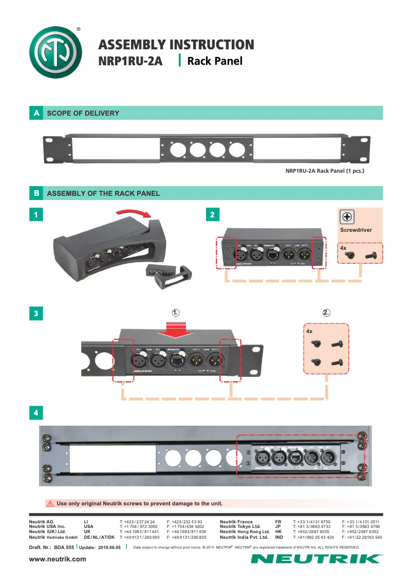 Page 1 de la notice Manuel utilisateur Neutrik NRP1RU-2A