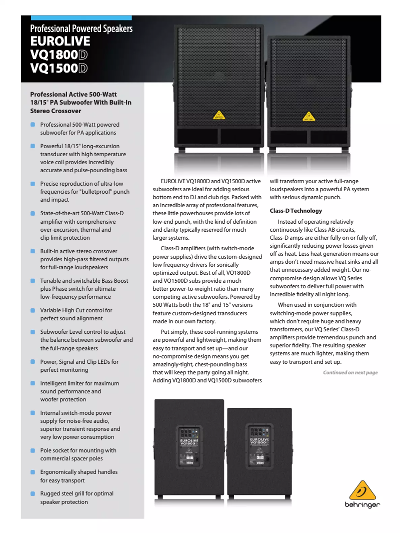Image de la première page du manuel de l'appareil Eurolive VQ1800D