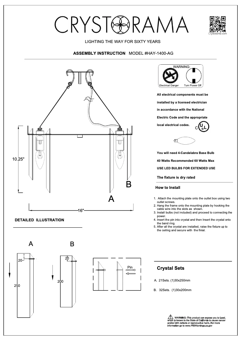 Page 1 de la notice Manuel utilisateur Crystorama Hayes HAY-1400-AG