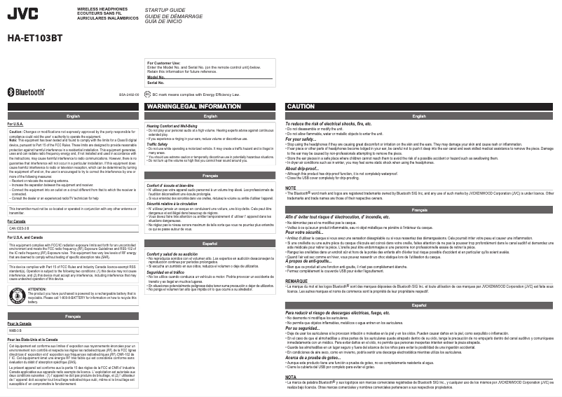 Page n°1 - Manuel utilisateur JVC HAET103BTA