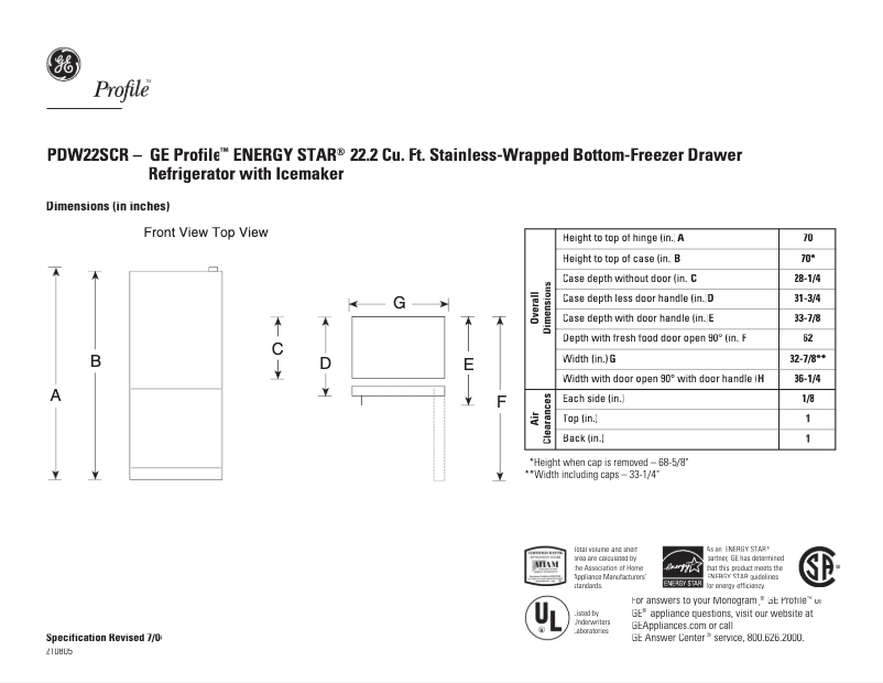 Page 1 of the manual Technical Sheet GE PDW22SCRRSS
