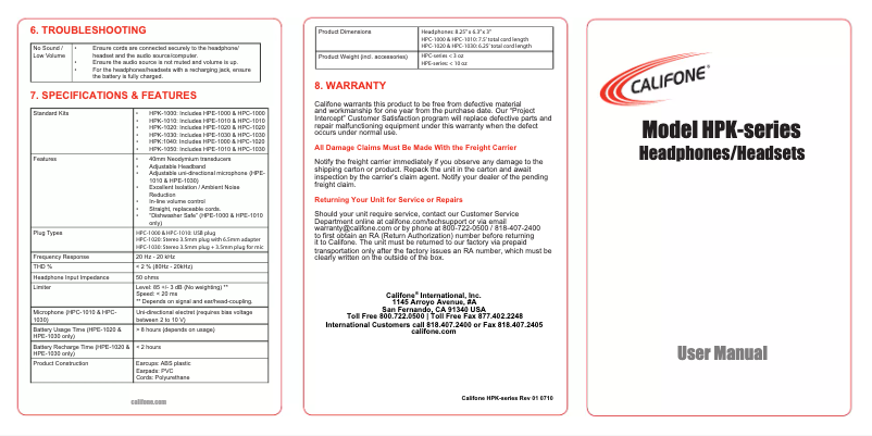 Page 1 de la notice Manuel utilisateur Califone HPK-1500
