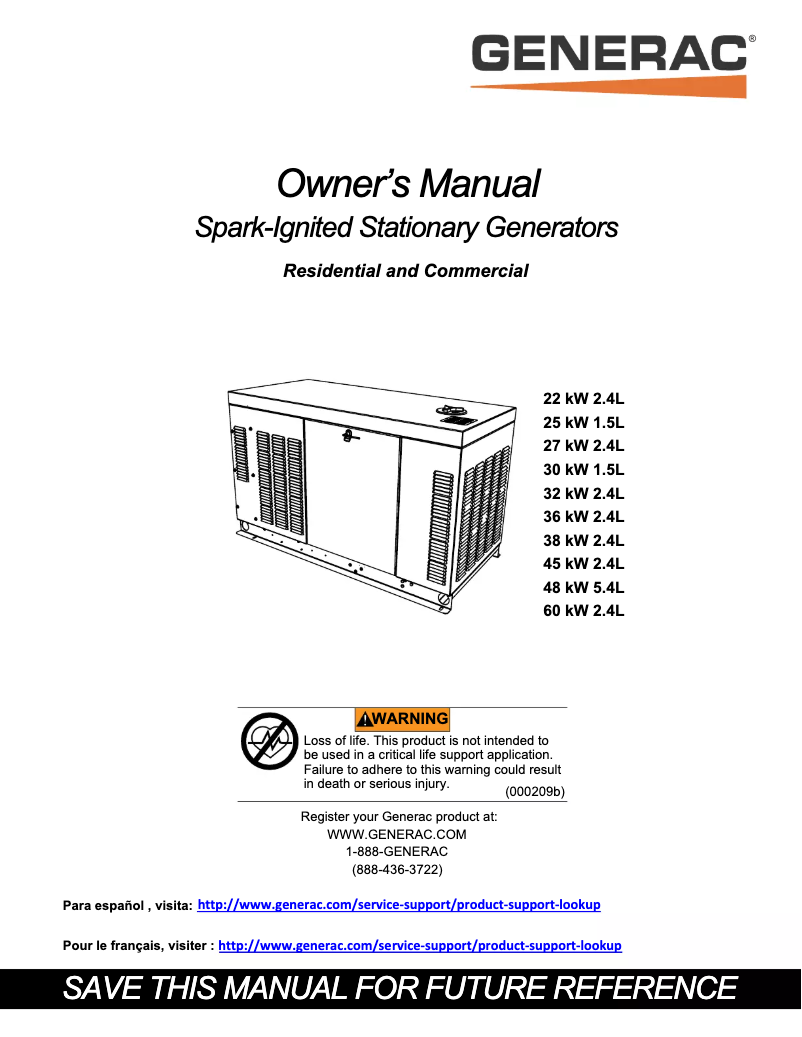 Page n°1 - Manuel utilisateur Generac RG03015ANSX