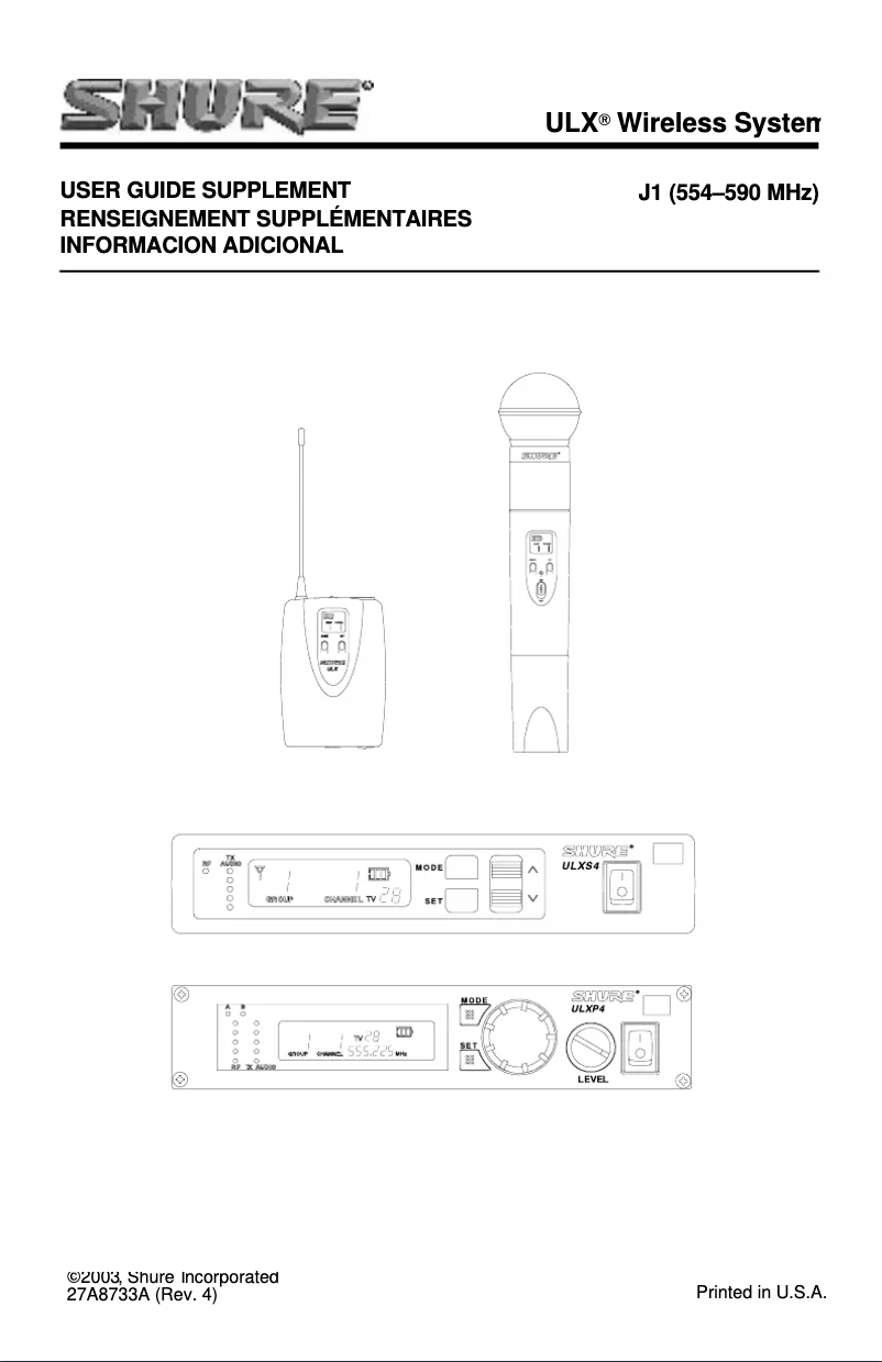 Page 1 de la notice Fiche technique Shure ULX-S