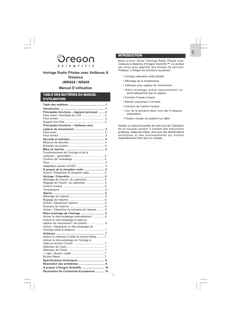 Page 1 de la notice Manuel utilisateur Oregon Scientific JMR868