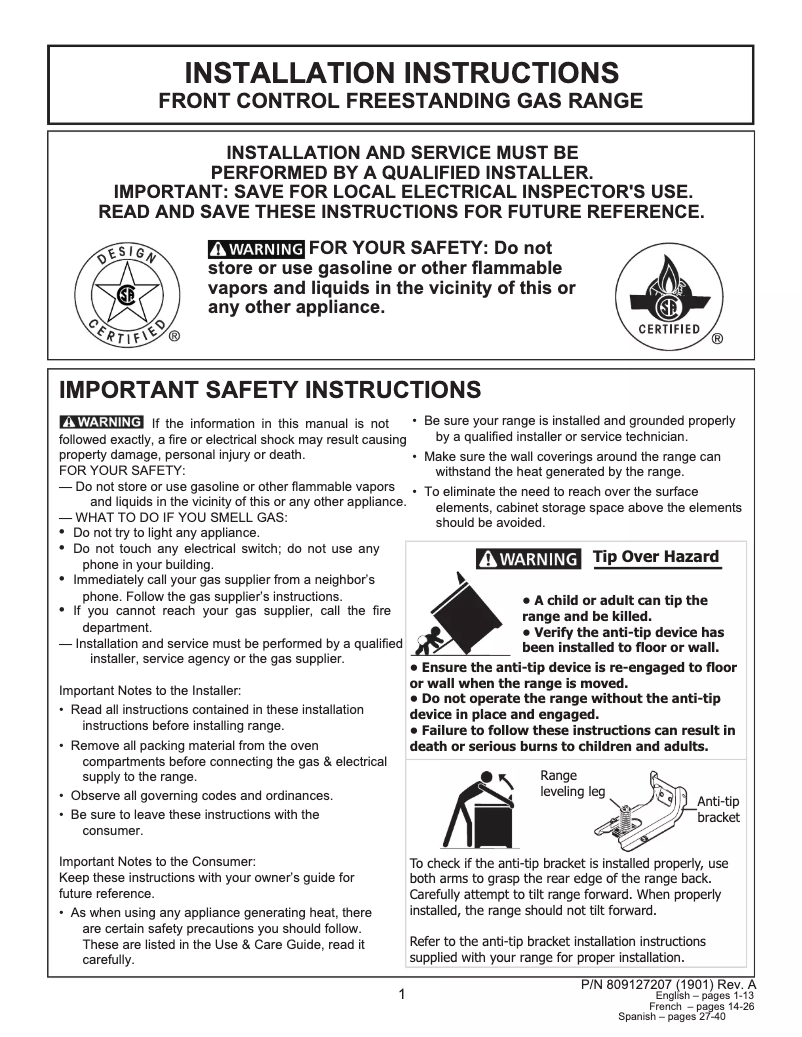 Page 1 de la notice Guide d'installation Frigidaire FFGH3051VS