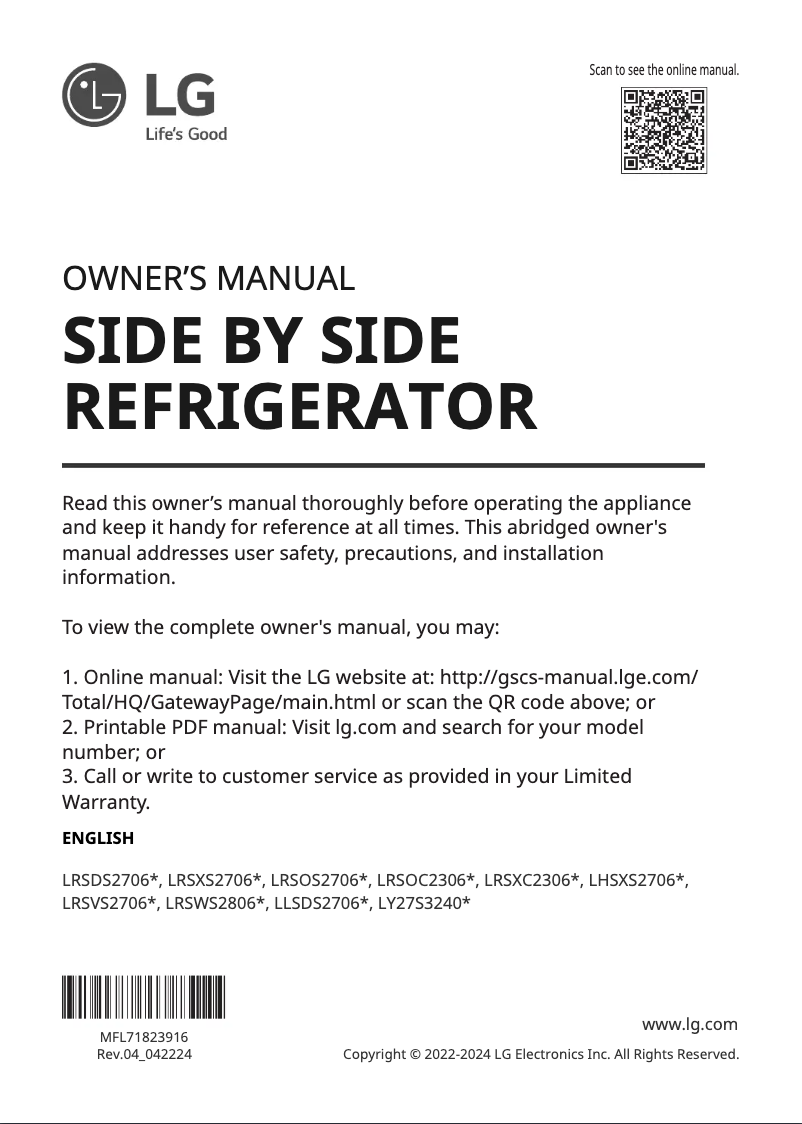 Image de la première page du manuel de l'appareil LRSOS2706S