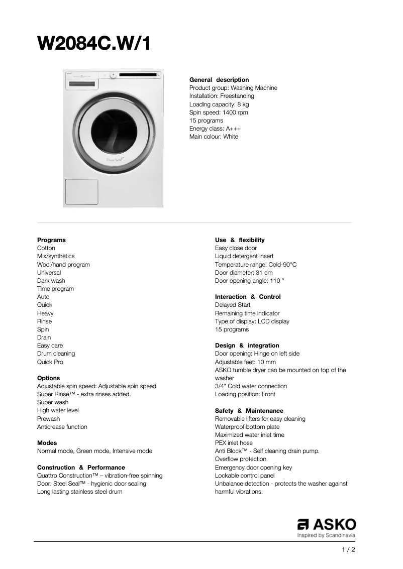 Page n°1 - Fiche technique Asko W2084C