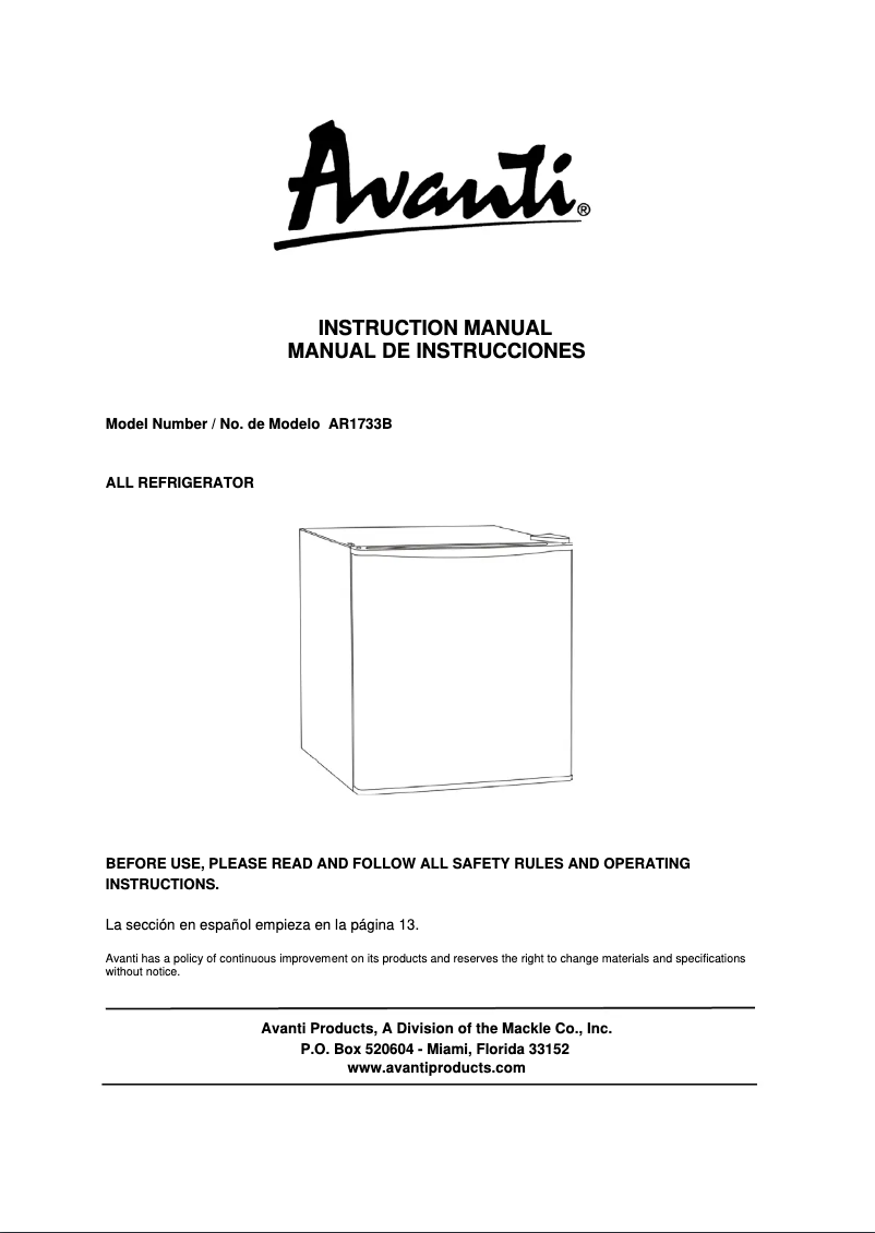 Page 1 de la notice Manuel utilisateur Avanti AR1733B