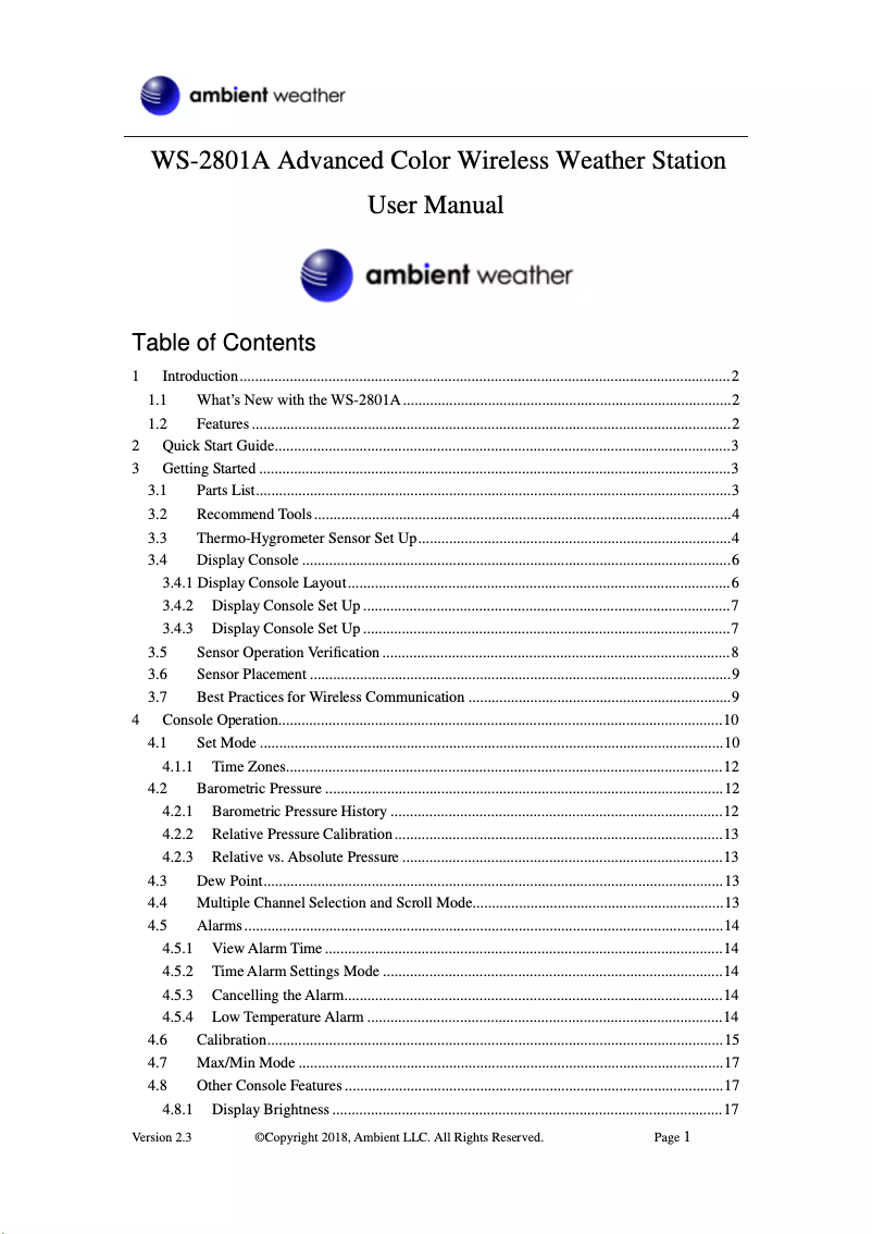 Page n°1 - Manuel utilisateur Ambient Weather WS-2801