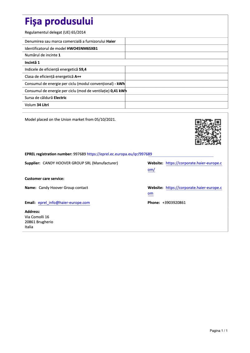 Page 1 de la notice Fiche technique Haier HWO45NM6SXB1