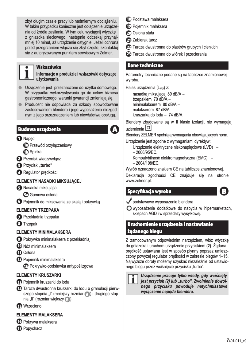 Page 1 de la notice Manuel utilisateur Zelmer ZHB1304B